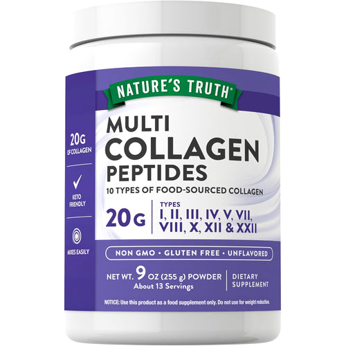 Multi Collagen Peptides powder with 20g of collagen, 9 oz, containing 10 types of food-sourced collagen.