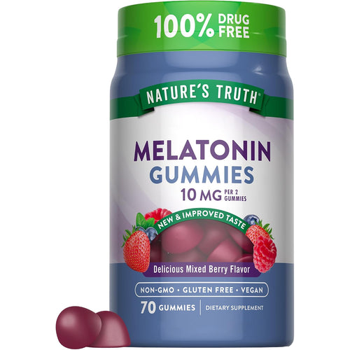 Melatonin Gummies: 10mg per 2 gummies, Mixed Berry Flavor, 70 count. Non-GMO, Gluten Free, Vegan, 100% Drug Free.