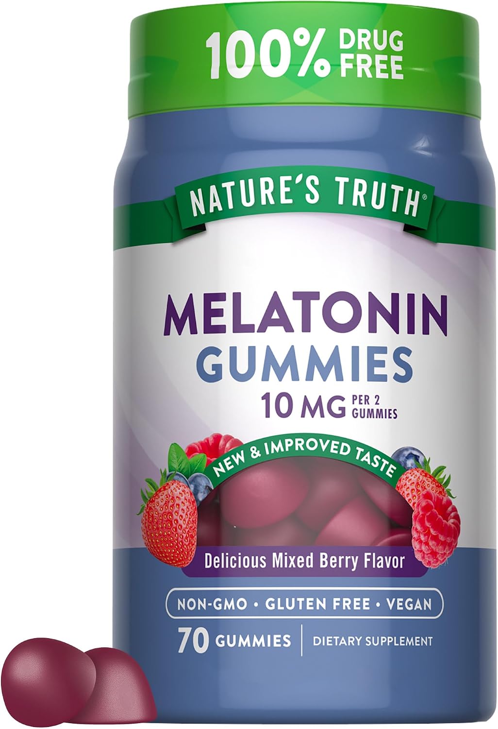 Melatonin Gummies: 10mg per 2 gummies, Mixed Berry Flavor, 70 count. Non-GMO, Gluten Free, Vegan, 100% Drug Free.