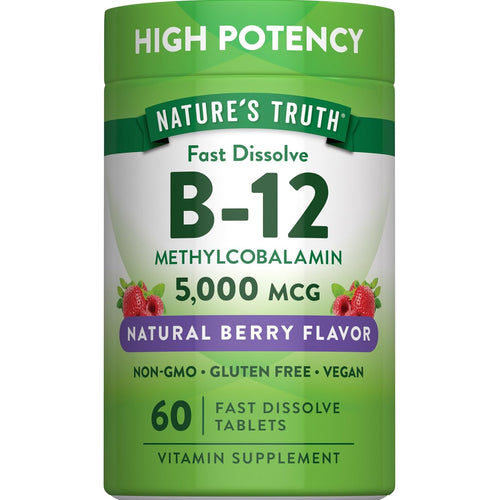 Nature's Truth Fast Dissolve B-12 Methylcobalamin 5,000 mcg tablets in natural berry flavor, 60-count package.