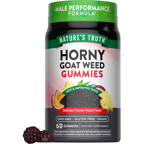 Nature's Truth Horny Goat Weed Male Performance Formula+ Gummies, 60 count, in Passion Punch flavor.