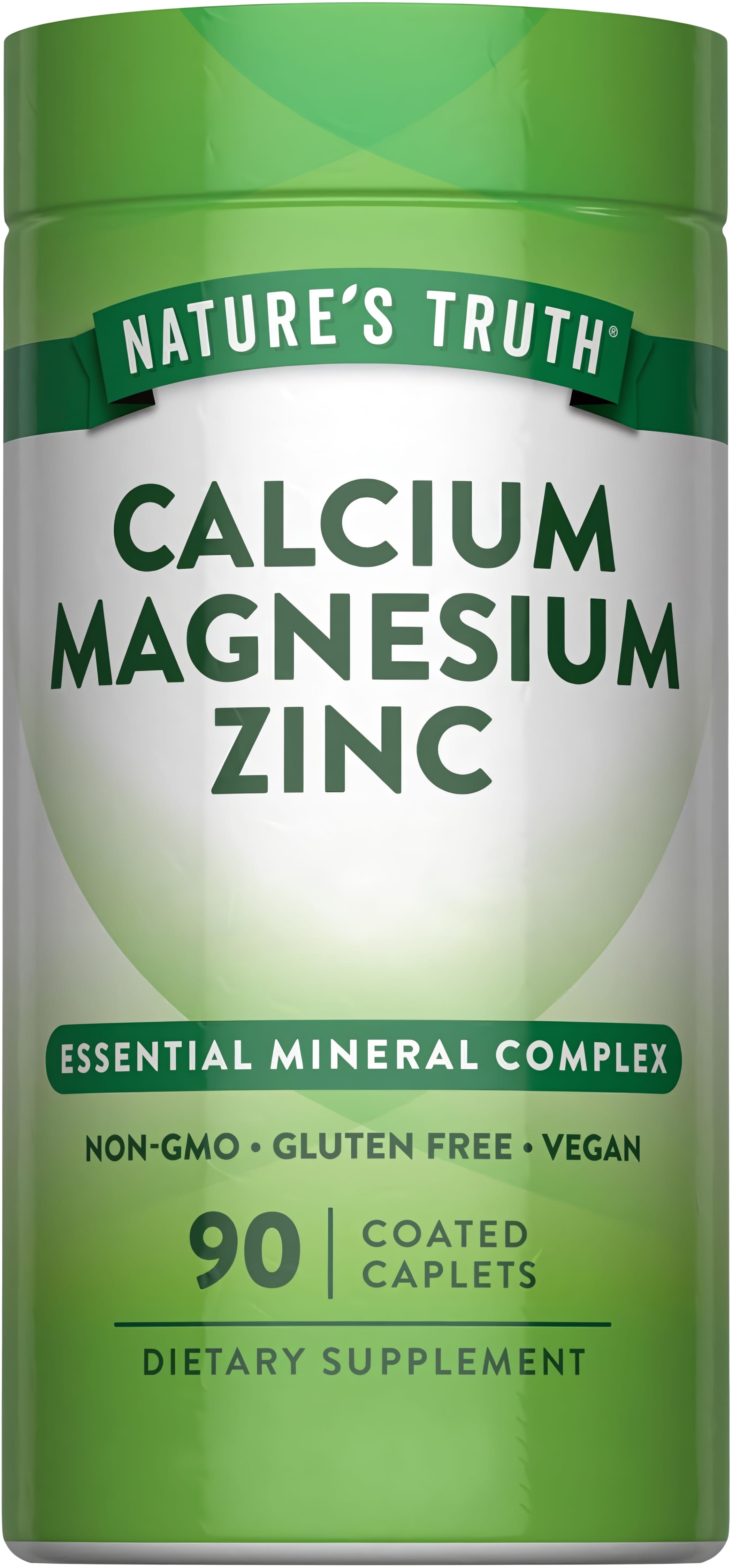 A bottle of Calcium Magnesium Zinc with 90 coated caplets, offering essential minerals for bone and immune system support.