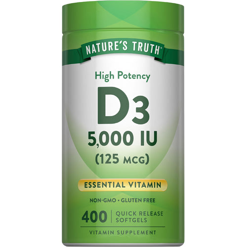 High Potency D3 5,000 IU (125 mcg) includes 400 Quick Release Softgels.