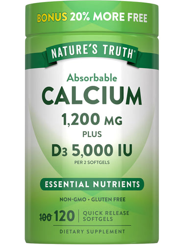 Nature's Truth Absorbable Calcium 1,200 mg Plus D3 5,000 IU. 120 Quick Release Softgels with 20% more free.