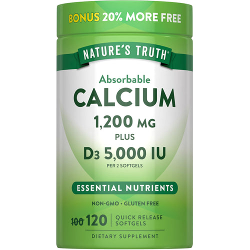 Nature's Truth Absorbable Calcium 1,200 mg Plus D3 5,000 IU. 120 Quick Release Softgels with 20% more free.