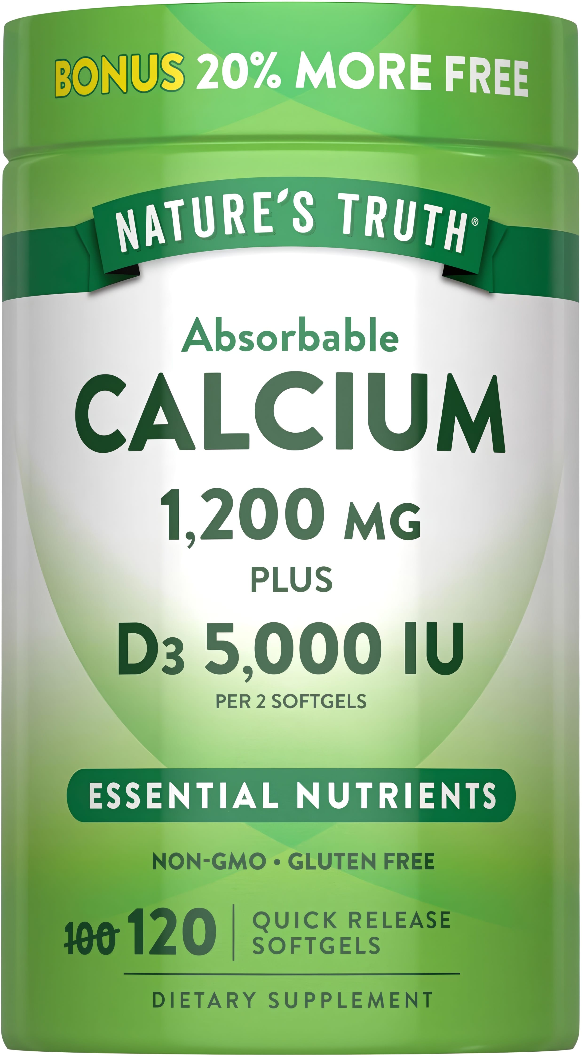 Nature's Truth Absorbable Calcium 1,200 mg Plus D3 5,000 IU. 120 Quick Release Softgels with 20% more free.