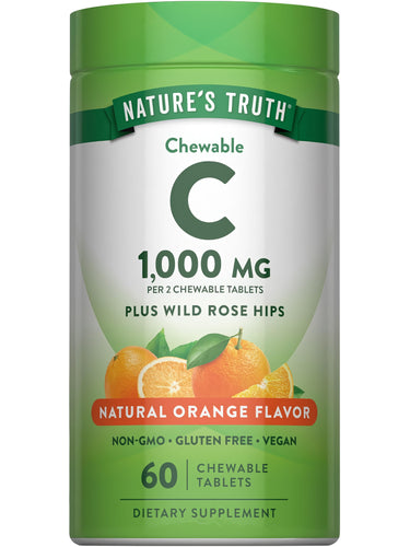 Nature's Truth Chewable C 1,000 mg with Wild Rose Hips, Natural Orange Flavor, 60 Chewable Tablets in bottle.
