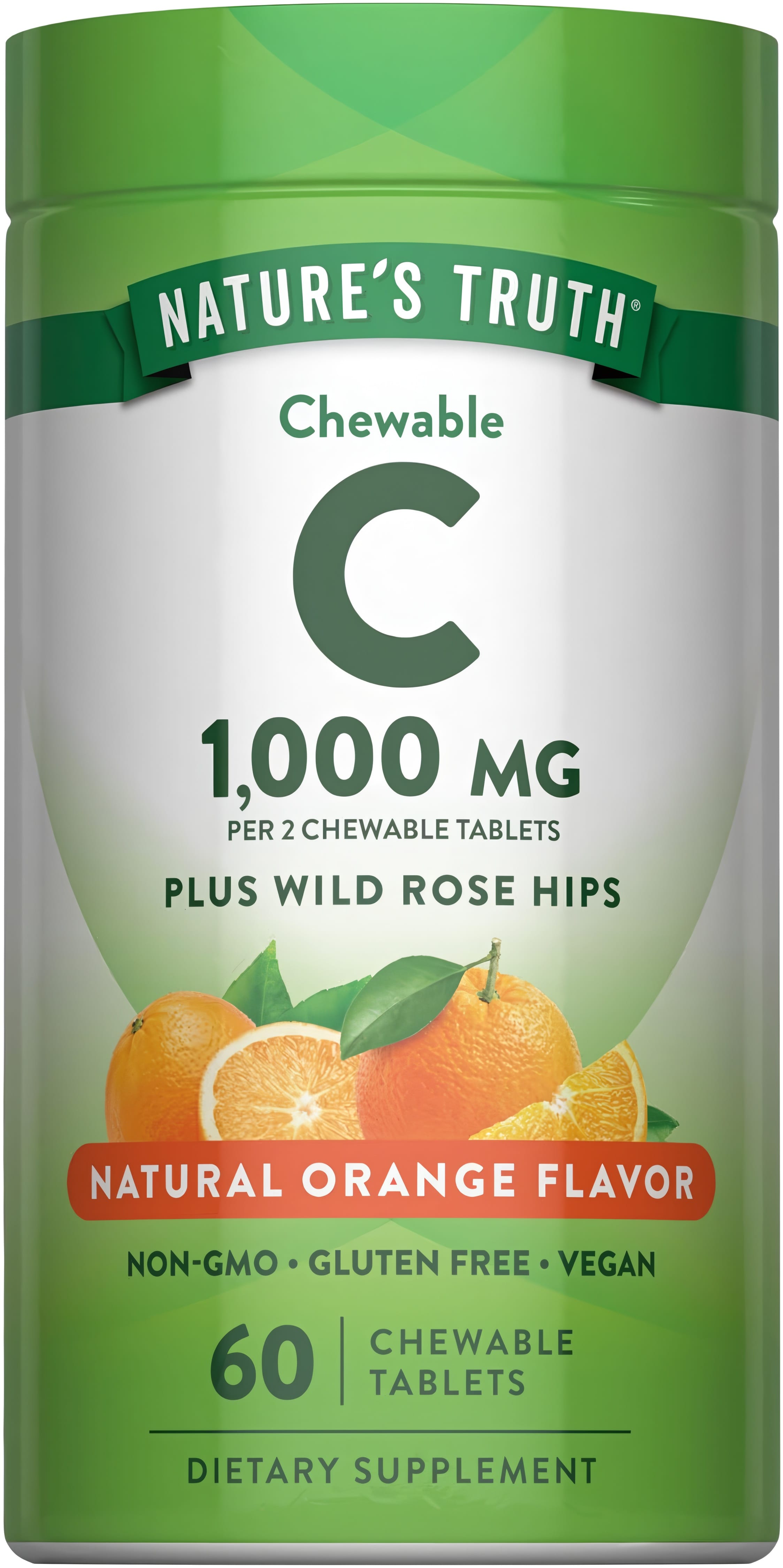 Nature's Truth Chewable C 1,000 mg with Wild Rose Hips, Natural Orange Flavor, 60 Chewable Tablets in bottle.
