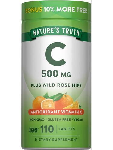 Nature's Truth C 500 mg, 110 Tablets with Wild Rose Hips. Non-GMO, Gluten Free, Vegan. Includes 10% more tablets for free.
