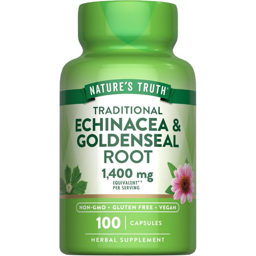NATURE'S TRUTH Traditional Echinacea & Goldenseal Root with 1,400 mg equivalent per serving in 100 capsules.