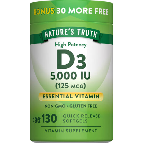 High Potency D3 5,000 IU (125 mcg) Essential Vitamin 130 Quick Release Softgels. Non-GMO, Gluten-Free Supplement.