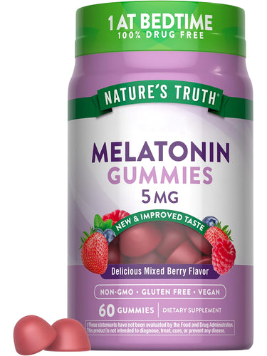 Nature's Truth Melatonin 5 MG Mixed Berry Gummies, 60 count, Non-GMO, Gluten Free, Vegan, and 100% Drug Free.