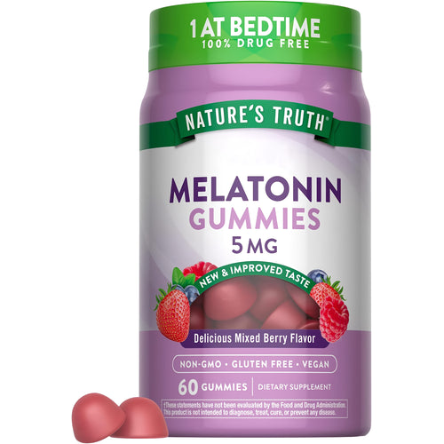 Nature's Truth Melatonin 5 MG Mixed Berry Gummies, 60 count, Non-GMO, Gluten Free, Vegan, and 100% Drug Free.