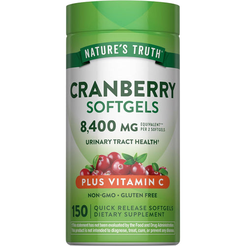 Cranberry 8,400 mg with Vitamin C, 150 softgels in a bottle for daily health support.