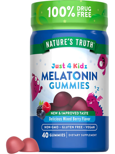 Nature's Truth Just 4 Kidz Melatonin Gummies, 40 count, Mixed Berry Flavor. 100% drug free, non-GMO, gluten free, vegan.