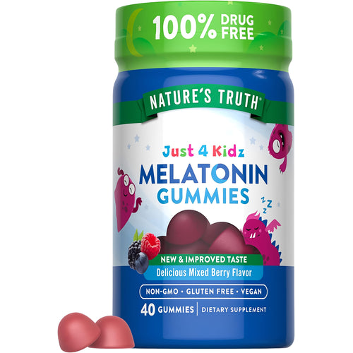 View 1 Nature's Truth Just 4 Kidz Melatonin Gummies, 40 count, Mixed Berry Flavor. 100% drug free, non-GMO, gluten free, vegan.