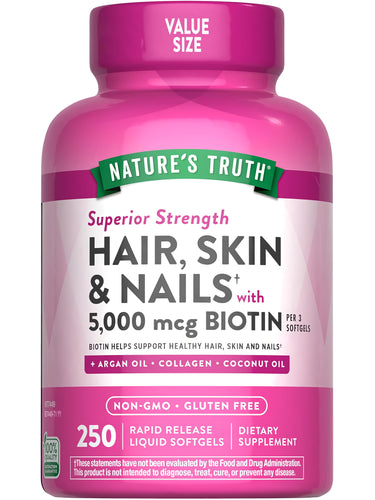 Superior Strength Hair, Skin & Nails with 5,000 mcg of Biotin, containing 250 rapid-release liquid softgels.