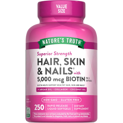 Superior Strength Hair, Skin & Nails with 5,000 mcg of Biotin, containing 250 rapid-release liquid softgels.