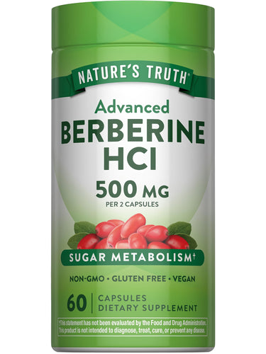 Nature's Truth Advanced Berberine HCl 500 MG per 2 capsules; 60 Capsules for Sugar Metabolism; Non-GMO, Gluten Free, Vegan.