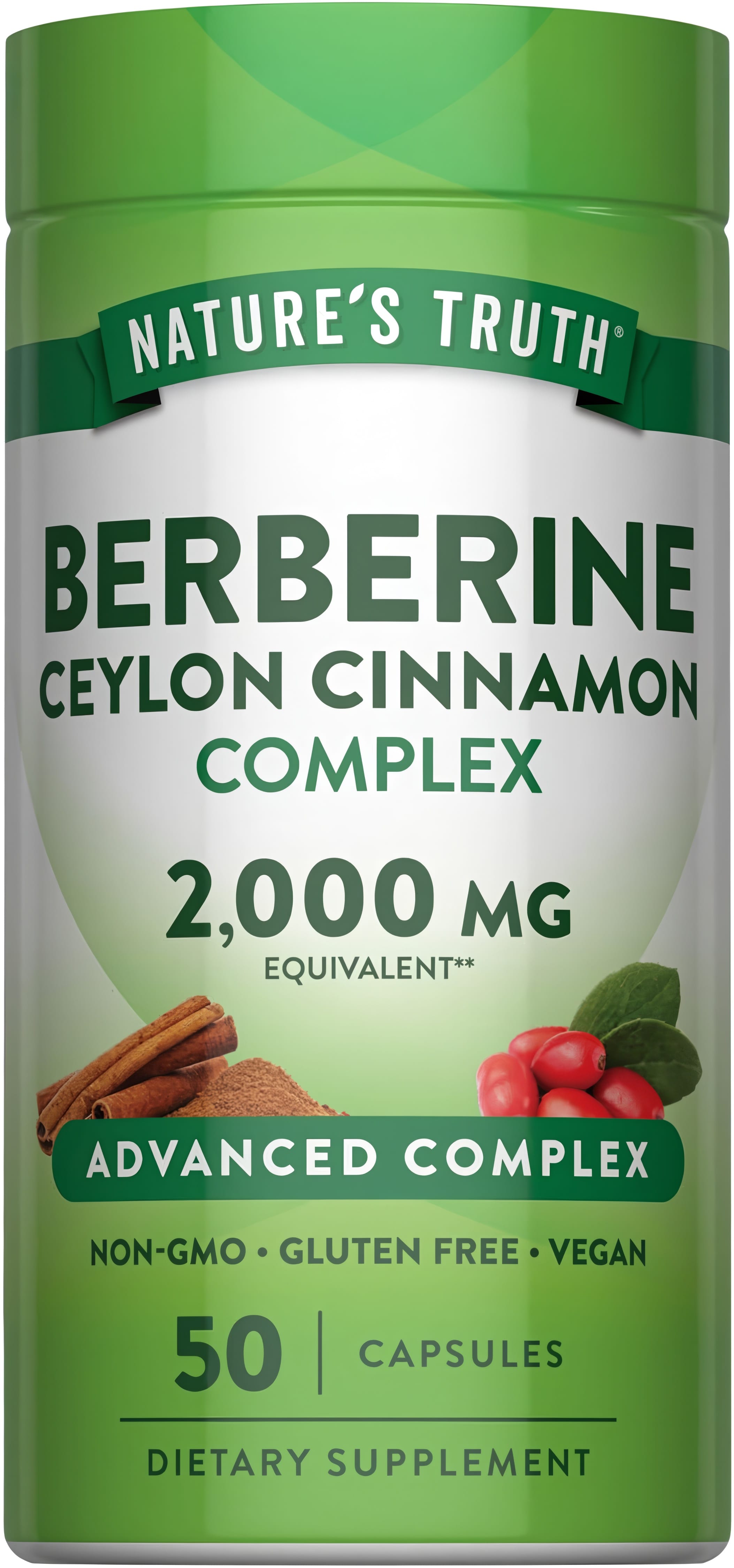 Berberine Ceylon Cinnamon Complex, 2,000 mg Equivalent, 50 Capsules, Non-GMO, Gluten-Free, and Vegan.