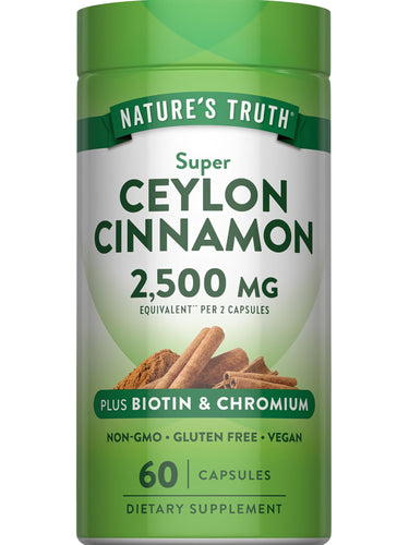 Super Ceylon Cinnamon 2,500 MG per 2 capsules, plus Biotin & Chromium, 60 Capsules. Non-GMO, Gluten Free, Vegan.