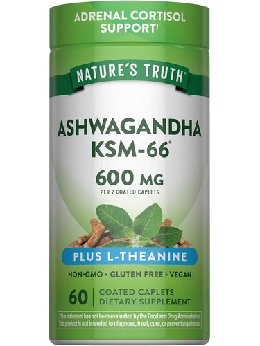 Ashwagandha KSM-66, 600 mg per 2 caplets with L-Theanine. 60 coated caplets, Non-GMO, gluten-free, vegan.