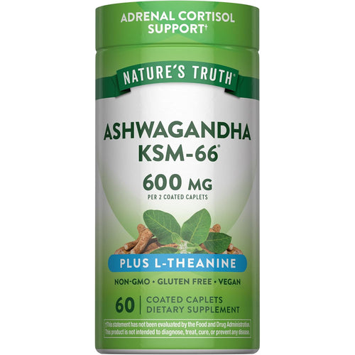 Ashwagandha KSM-66, 600 mg per 2 caplets with L-Theanine. 60 coated caplets, Non-GMO, gluten-free, vegan.