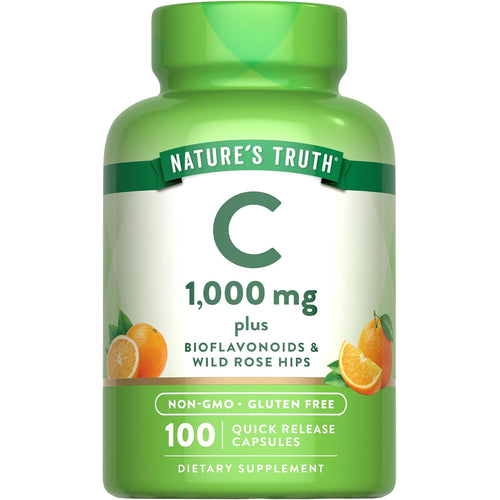 Nature's Truth Vitamin C 1,000 mg with Bioflavonoids & Wild Rose Hips, 100 Quick Release Capsules. Non-GMO and gluten-free.