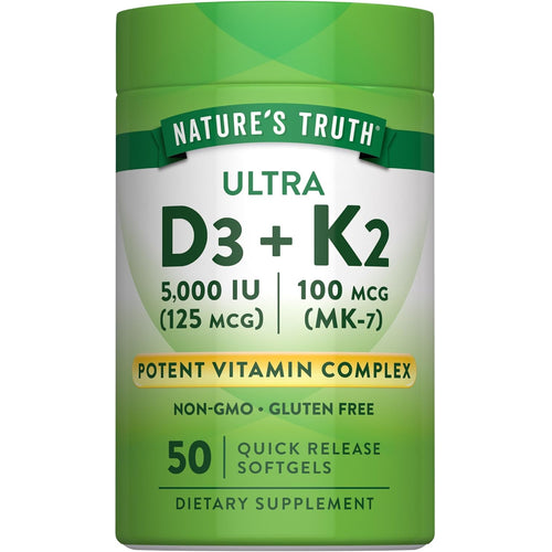 Nature's Truth Ultra D3 + K2 contains 5,000 IU (125 MCG) of D3 and 100 MCG (MK-7) of K2 in 50 quick release softgels.