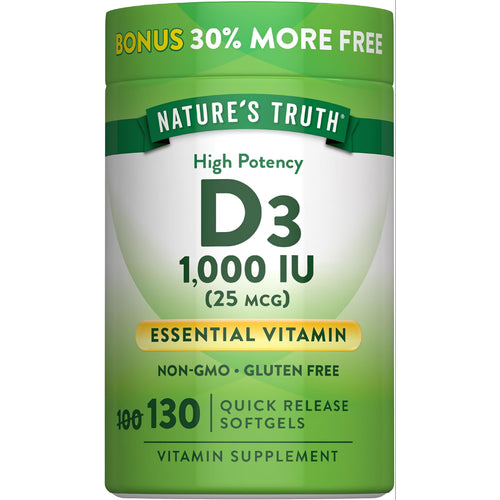 Nature's Truth High Potency D3 1,000 IU (25 mcg) Quick Release Softgels, 130 count (100 + 30 bonus), Non-GMO, Gluten Free.