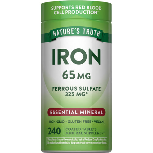 Iron 65mg Ferrous Sulfate 325mg Essential Mineral 240 tablets. Supports red blood cell production.