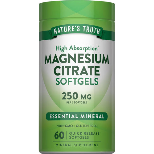 Magnesium Citrate Softgels, High Absorption, 250 MG per 2 Softgels, Non-GMO, Gluten Free, 60 Quick Release Softgels.