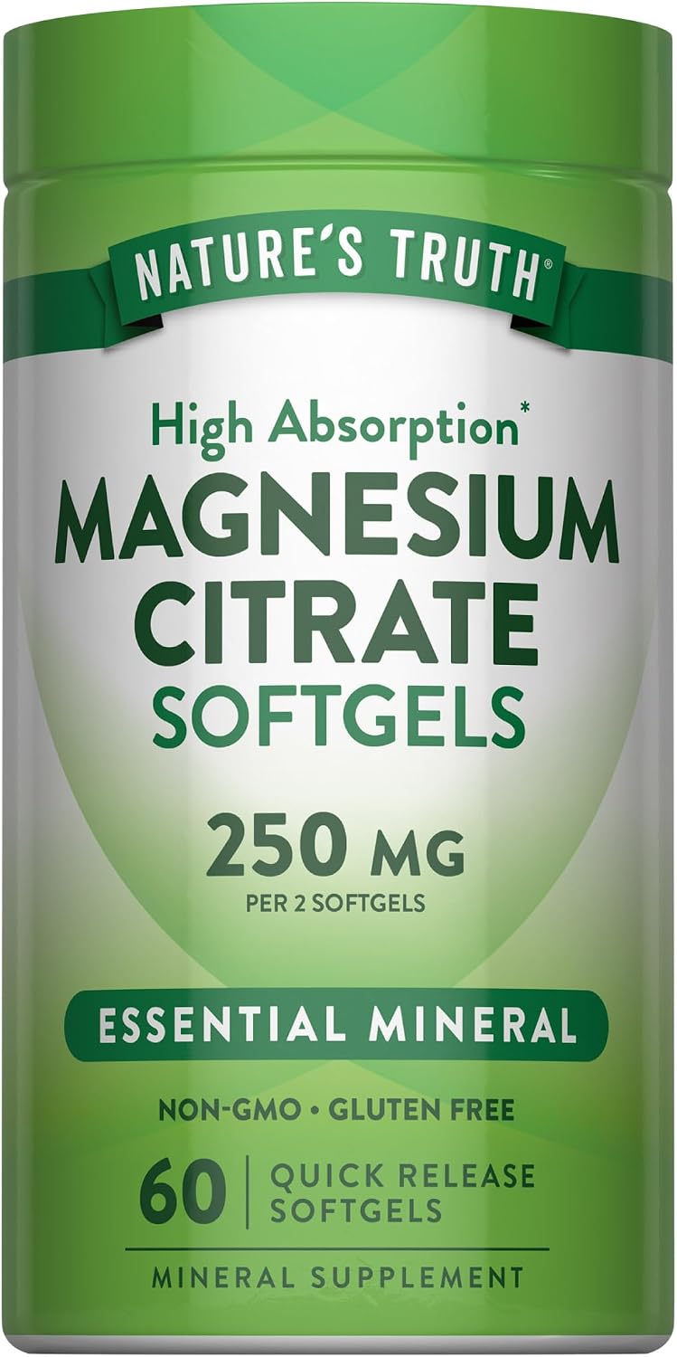 Magnesium Citrate Softgels, High Absorption, 250 MG per 2 Softgels, Non-GMO, Gluten Free, 60 Quick Release Softgels.