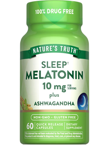 Nature's Truth Sleep Melatonin 10 mg plus Ashwagandha, 60 Quick Release Capsules, supplement bottle.