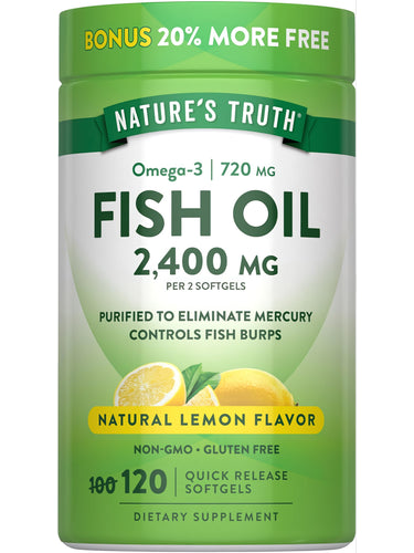 Nature's Truth Fish Oil 2400 mg with Omega-3 720 mg, Natural Lemon Flavor, 120 Quick Release Softgels, Bonus 20% More Free.