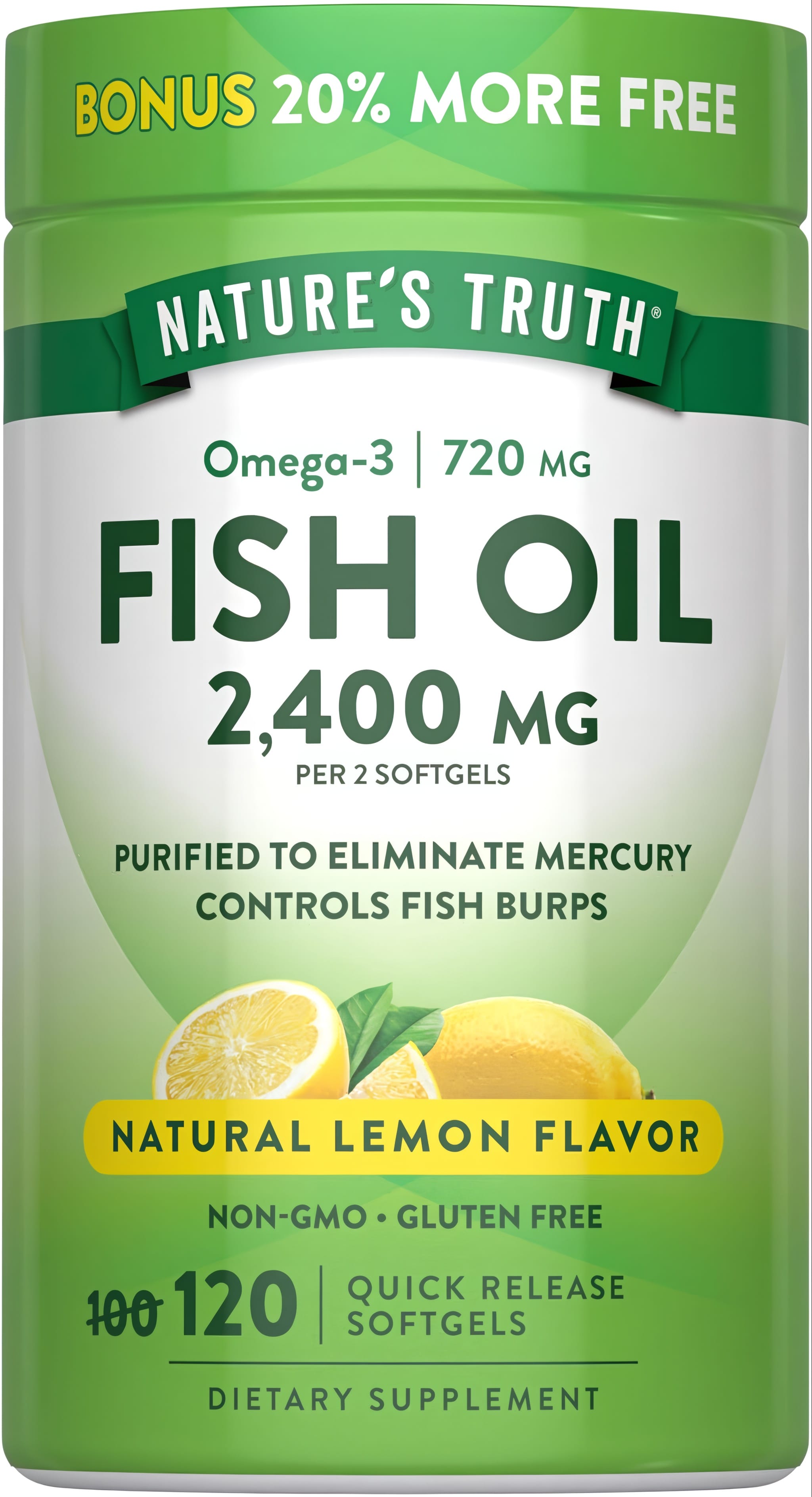 Nature's Truth Fish Oil 2400 mg with Omega-3 720 mg, Natural Lemon Flavor, 120 Quick Release Softgels, Bonus 20% More Free.