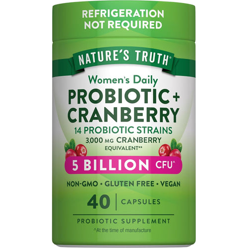Nature's Truth Women's Daily Probiotic with Cranberry, 14 strains, 5 billion CFU, 40 capsules. Non-GMO, gluten-free, vegan.