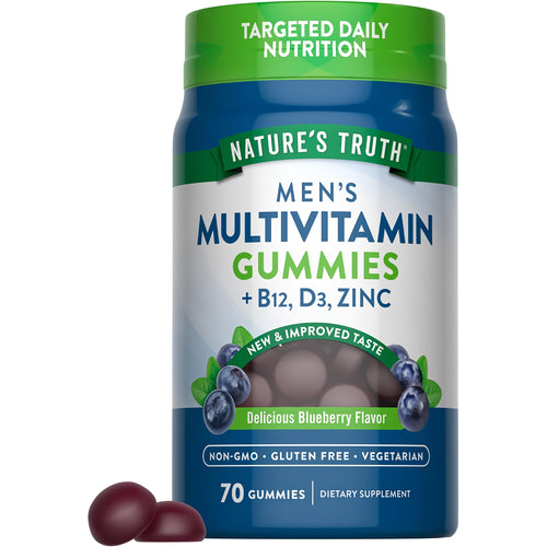 Nature's Truth Men's Multivitamin Gummies offer B12, D3, and zinc in 70 blueberry-flavored gummies. Non-GMO, gluten-free, vegetarian.