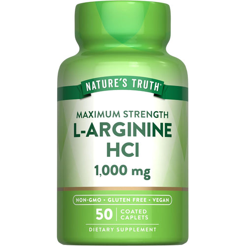 Nature's Truth Maximum Strength L-Arginine HCl 1,000 mg, 50 coated caplets, dietary supplement bottle.