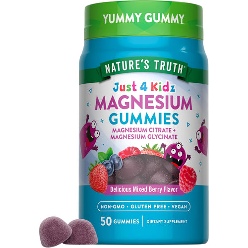 Just 4 Kidz Magnesium Gummies, Magnesium Citrate and Glycinate, in delicious mixed berry flavor, 50 count.