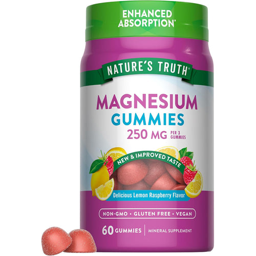 Magnesium Gummies with 250 MG per 3 gummies in Lemon Raspberry flavor. Includes 60 gummies that are non-GMO, gluten free, and vegan.