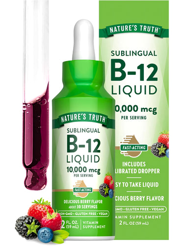 Nature's Truth Sublingual B-12 Liquid, 10,000 mcg, 2 FL. OZ., berry flavor, shown with dropper and berries.