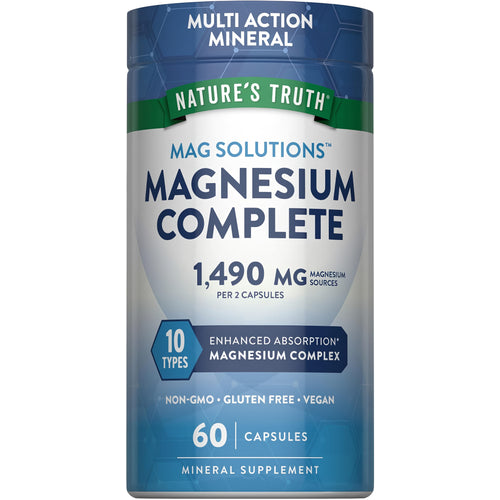Multi Action Mineral Magnesium Complete with 10 types, 1,490 MG per 2 capsules, Non-GMO, Gluten Free, Vegan, 60 capsules.