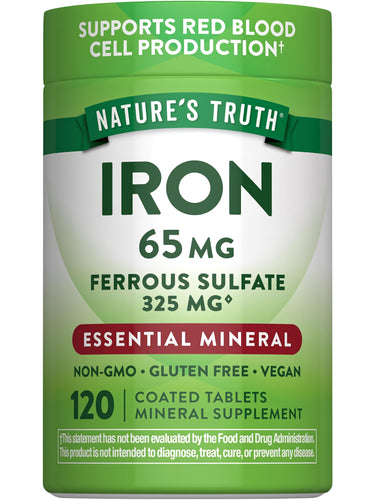 Iron 65 mg Ferrous Sulfate 325 mg, 120 coated tablets. Non-GMO, gluten-free, vegan. Supports red blood cell production.