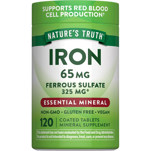 Iron 65 mg Ferrous Sulfate 325 mg, 120 coated tablets. Non-GMO, gluten-free, vegan. Supports red blood cell production.