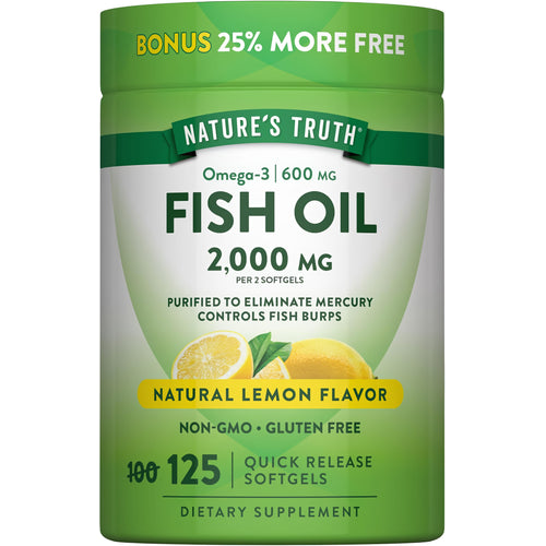 Fish Oil, 2000 mg (2 softgels), 600 mg Omega-3, Lemon Flavor, 125 Quick Release Softgels, Non-GMO, Gluten Free.
