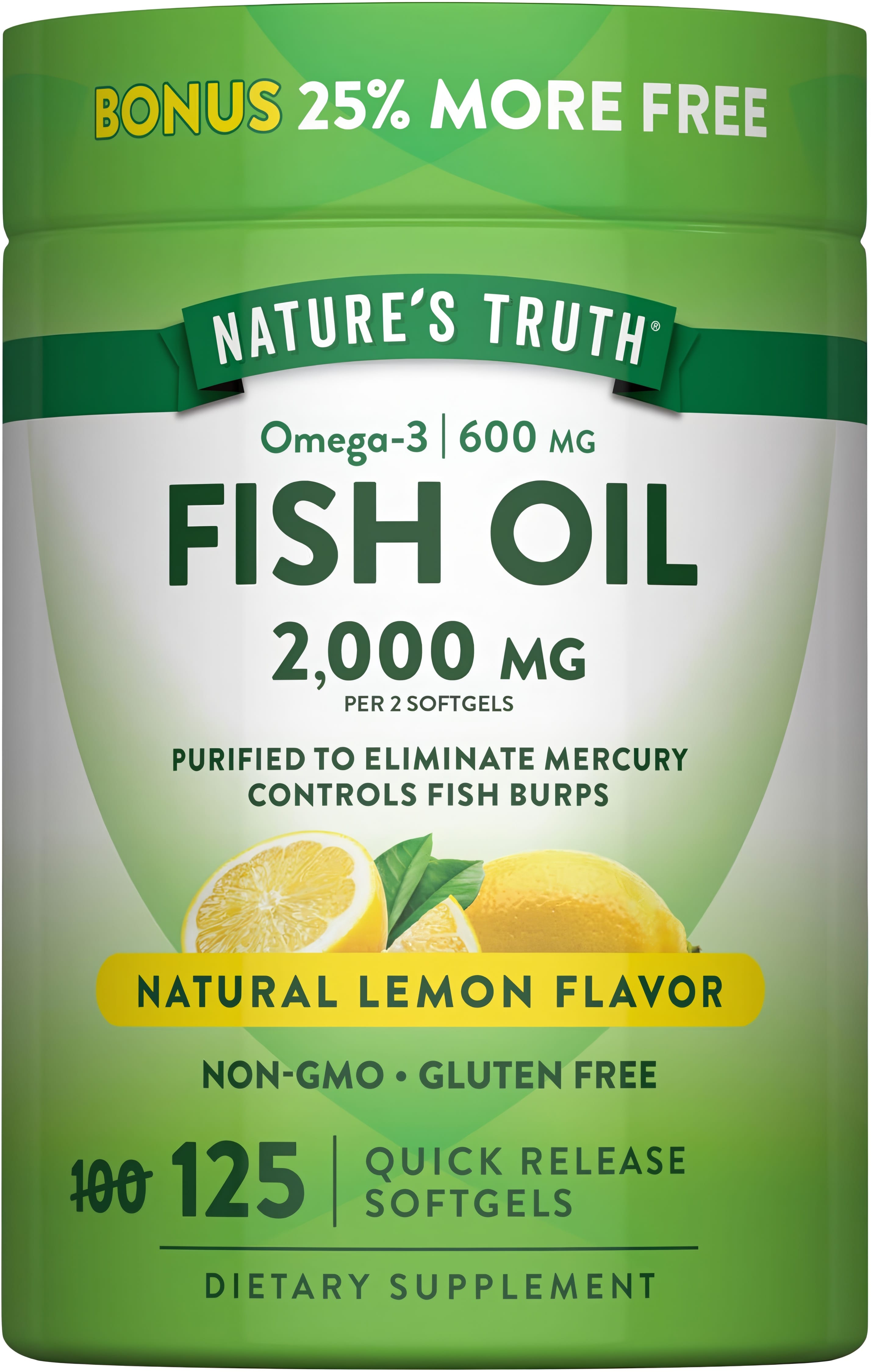 Fish Oil, 2000 mg (2 softgels), 600 mg Omega-3, Lemon Flavor, 125 Quick Release Softgels, Non-GMO, Gluten Free.
