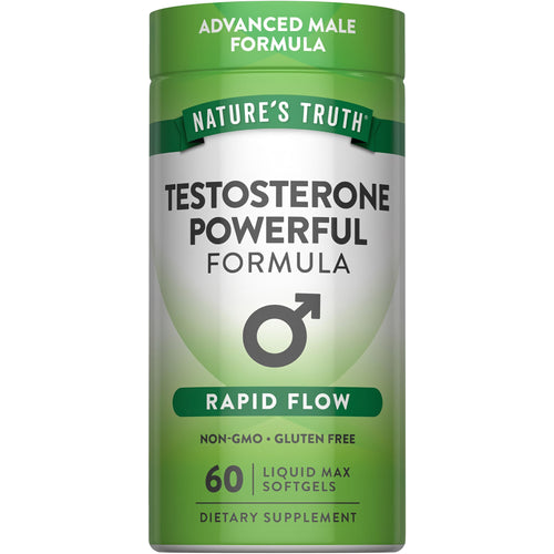 Bottle of Testosterone Powerful Formula, Advanced Male Formula, Rapid Flow, Non-GMO, Gluten Free, 60 Liquid Max Softgels.