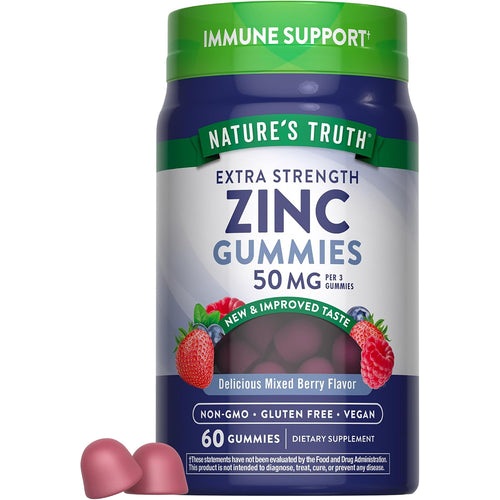 Nature's Truth Extra Strength Zinc Gummies, 50 mg per 3, Mixed Berry, 60 count. Non-GMO, Gluten-Free, Vegan. Immune Support.