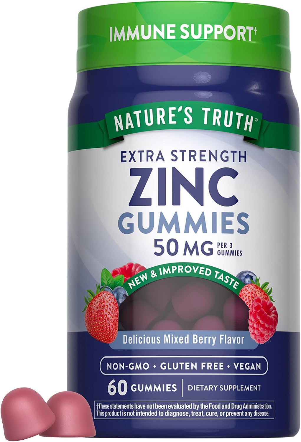 Nature's Truth Extra Strength Zinc Gummies, 50 mg per 3, Mixed Berry, 60 count. Non-GMO, Gluten-Free, Vegan. Immune Support.